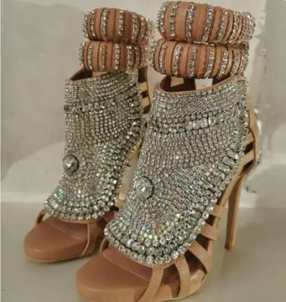 Bling Silver Rhinestone Embellished Peep Toe Sandals Women Stiletto High Heel Ankle Strap Party Wedding Dress Heels Sandals Lady view 3