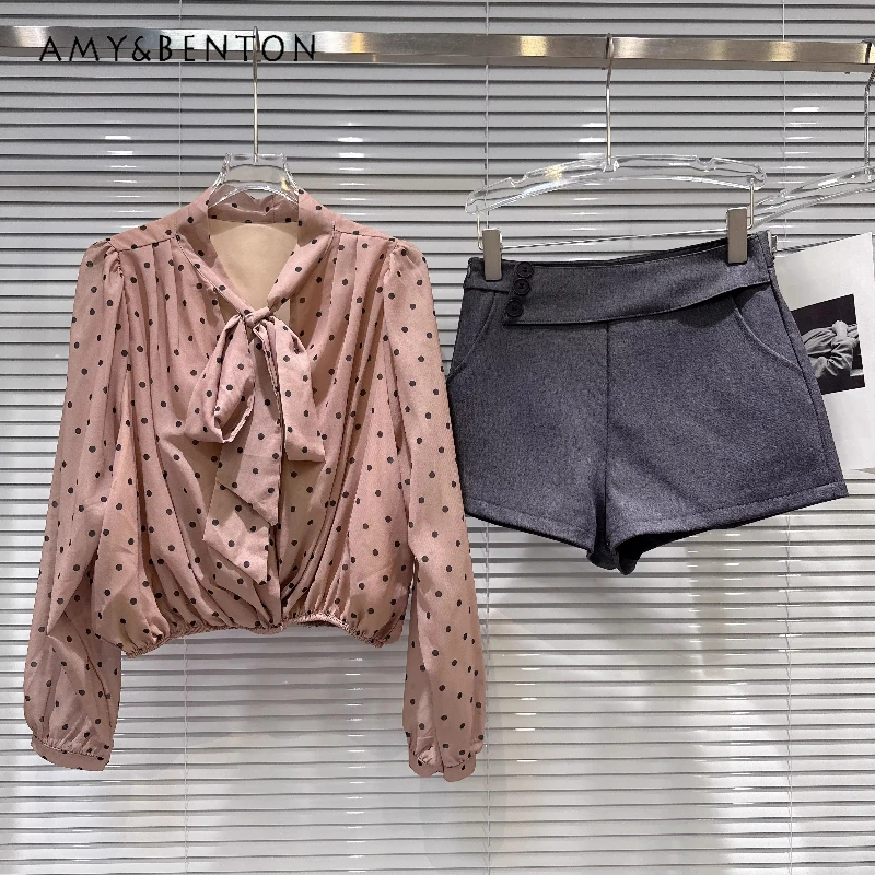 

Trendy Foreign Style V-neck Polka Dot Long-sleeved Women's Chiffon Shirts 2026 Spring New Beveled Button Shorts Suits Ladies