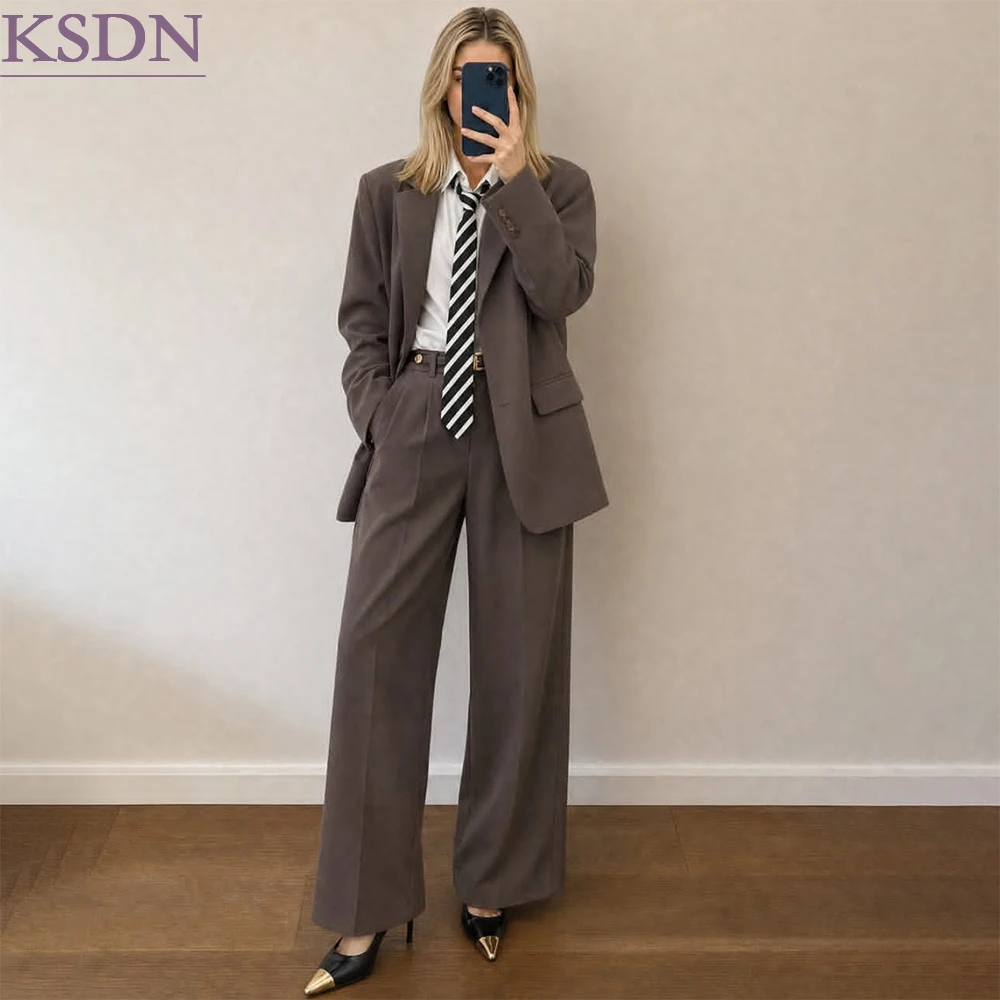 Oversized Women's Suits Solid Color Single Breasted Blazer High Quality 2 Piece Jacket With Pleat Pants Sets For Busienss Terno