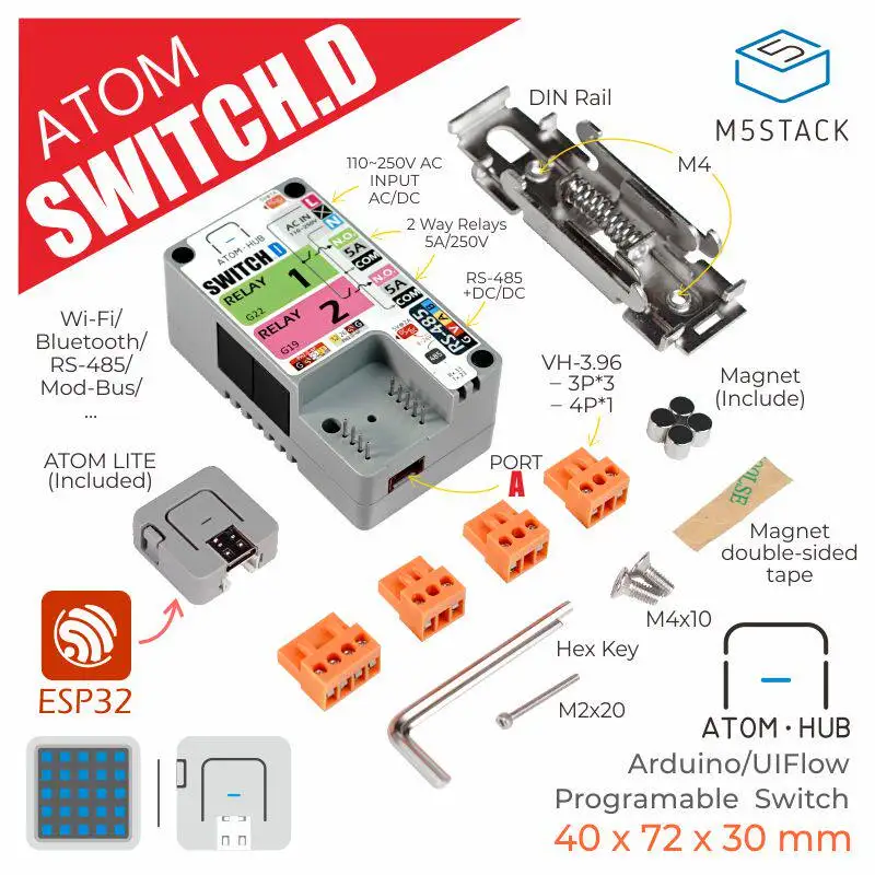 Official M5Stack ATOM HUB SWITCH D Dual Relay Power Control Switch Modbus for Electronics And Computer Hardware