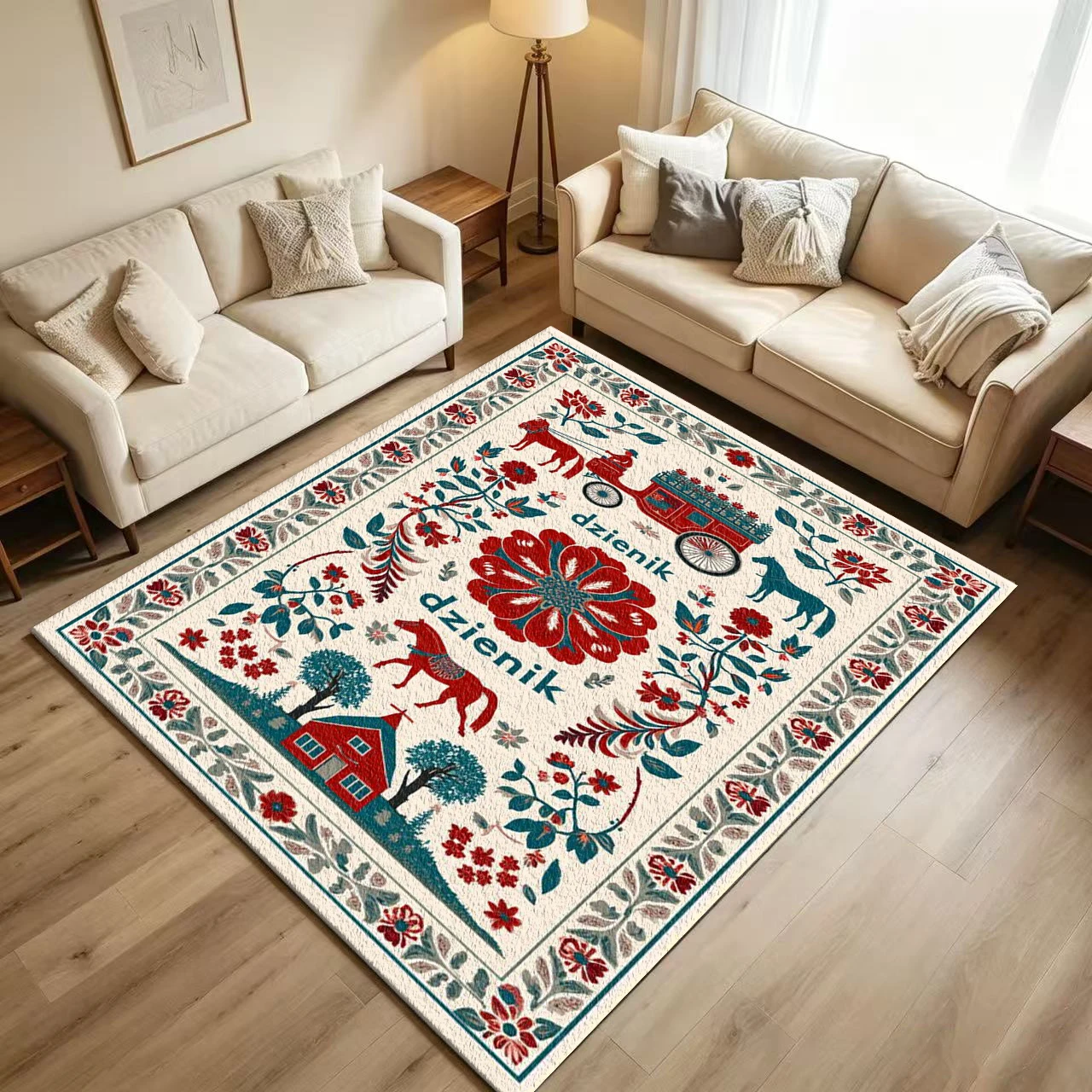 Folk Art Farm Horse Carriage Carpet Flooring Retro Ethnic Floral Printed Floor Rug for Household Living Area Decoration