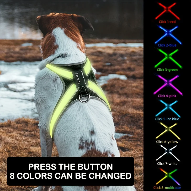 8 Color Changeable LED Pet Vest Rechargeable Flashing Light for Small Medium Large Dogs Night Safety Visible Dog Harness