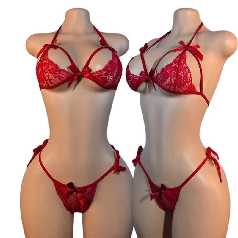 Women sexy red lace lingerie set halter bra side ties thong with satin bows Pan…