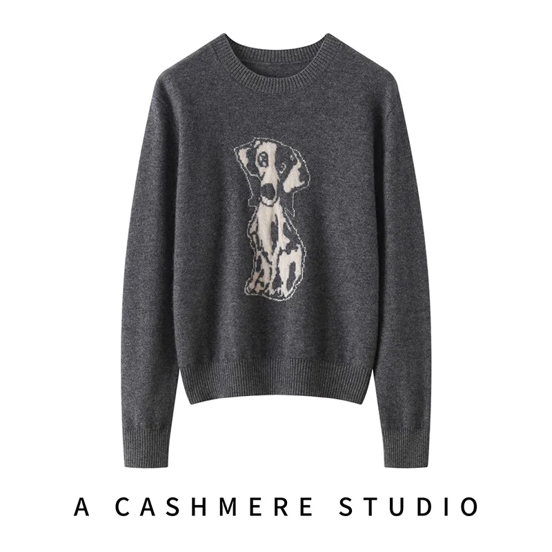 Women's 100% Cashmere Sweater round Neck Puppy Pattern Knitted Pullover Loose Comfortable Base Shirt for Outerwear