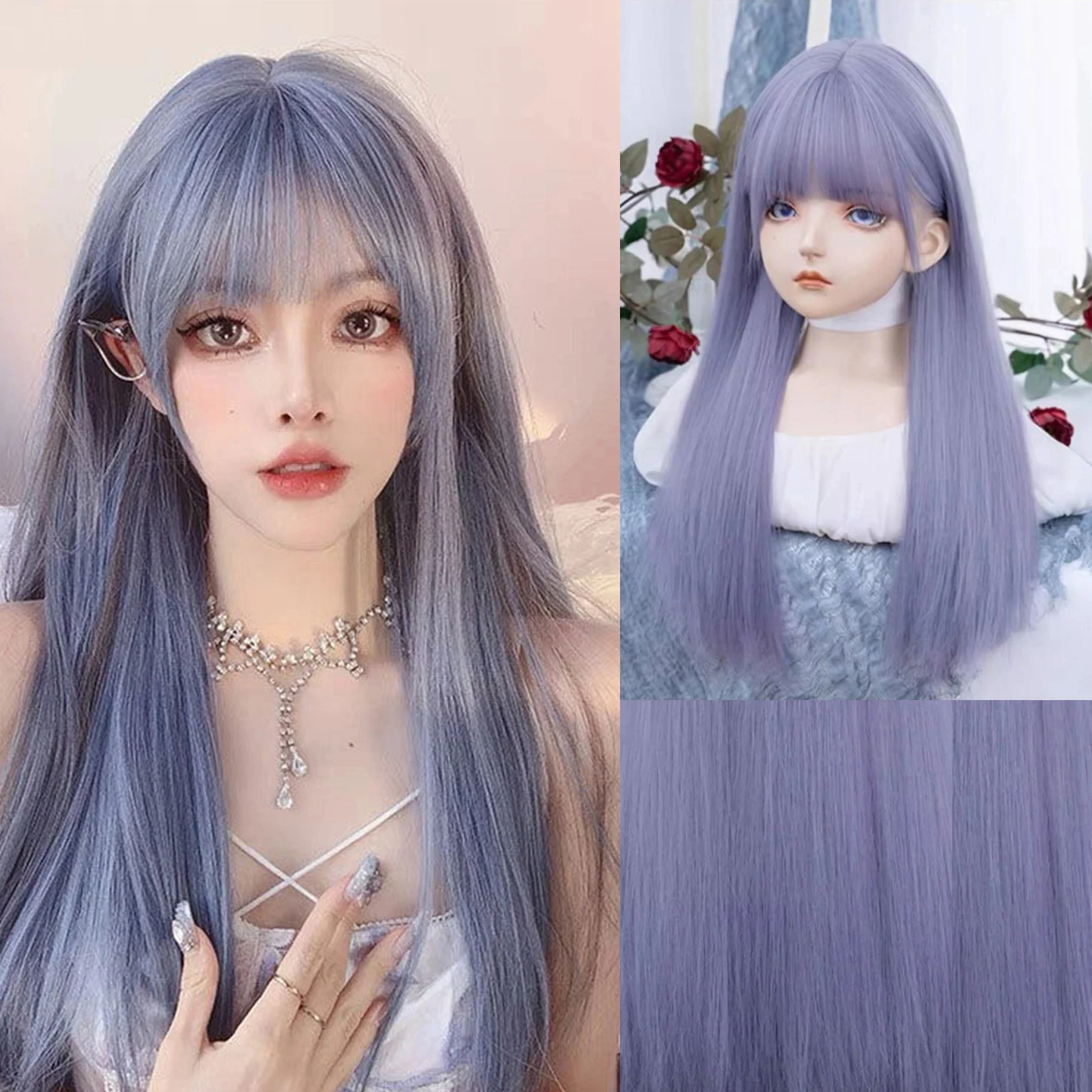 

JKL длинные прямые волосы косплей синтетические парики Лолита Хэллоуин с челкой для женщин вечерние дневные термостойкие парики ﻿