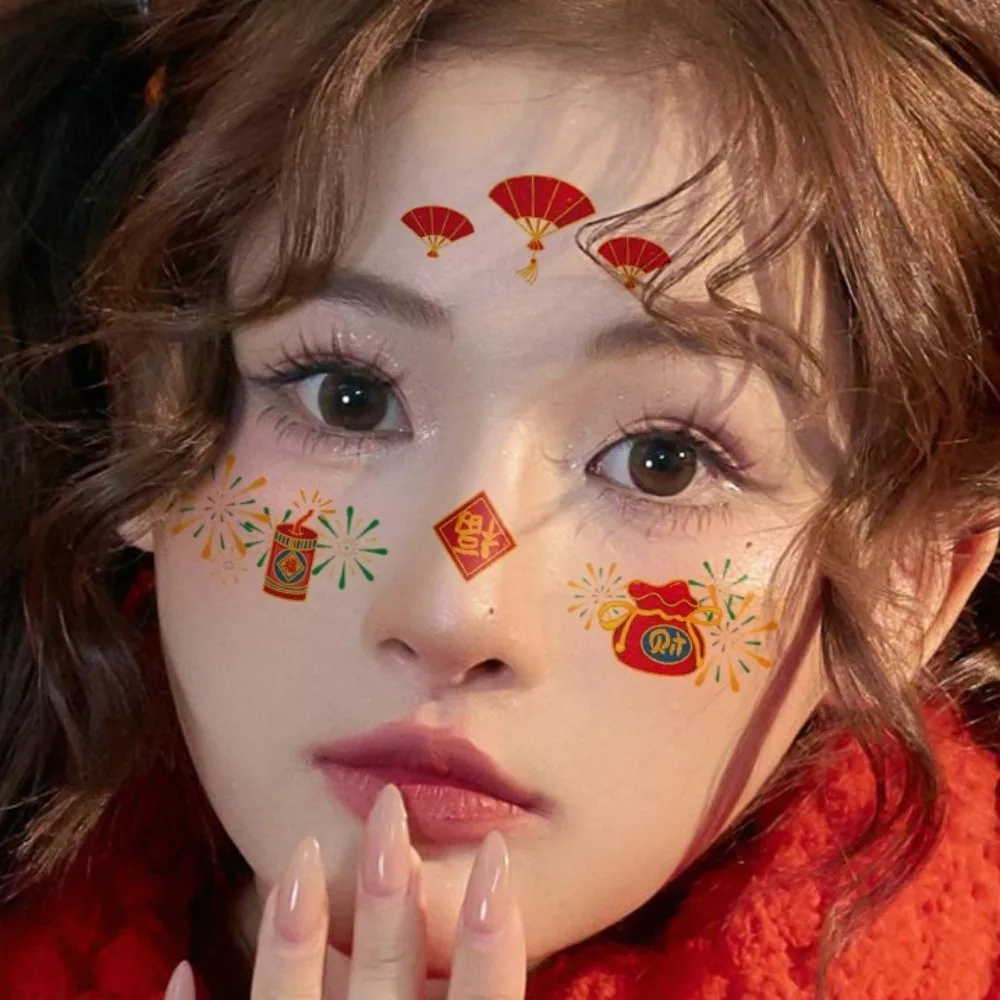 Stiker Rias Tahan Air untuk Tahun Baru Imlek, Seni Tubuh Tahan Lama, Stiker Perona Pipi Tahun Baru Imlek, Kartun Lucu
