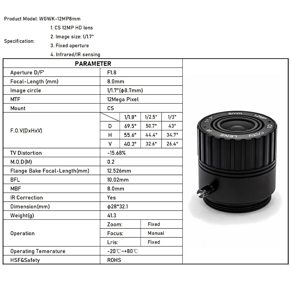 Obiektyw CCTV WGWK 4K 12MP z mocowaniem CS, format 1/1.8", ręczna przysłona, zoom przemysłowy 5-50mm do kamer IP do monitoringu i systemów wizyjnych. — zdjęcie produktu 6