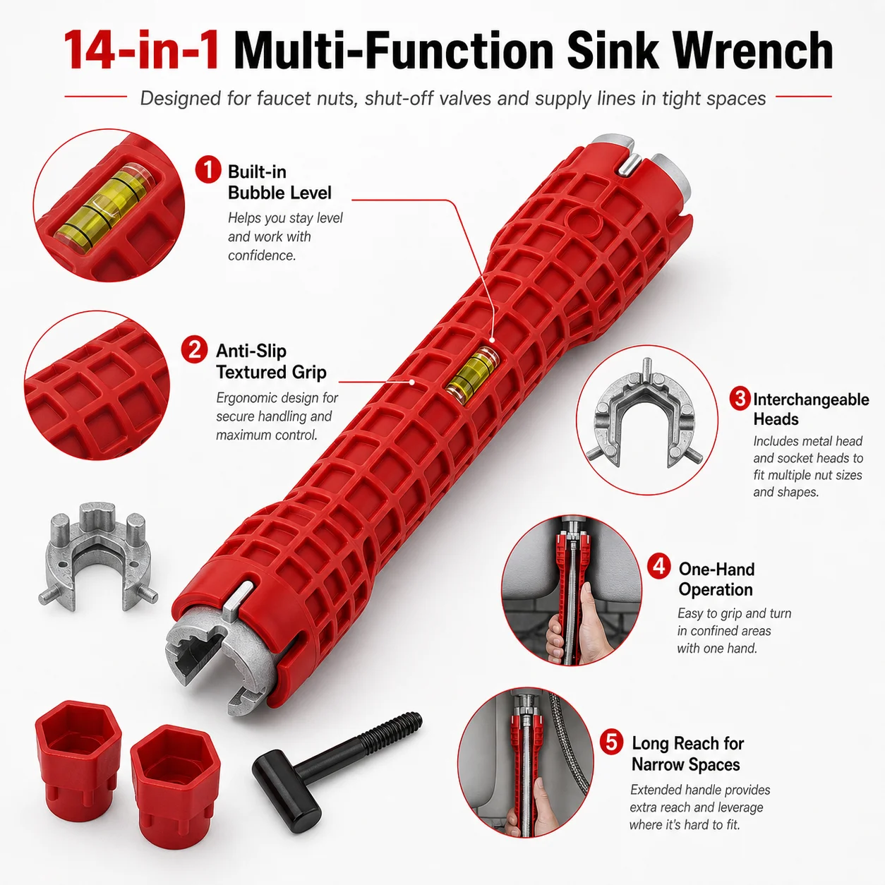 14-in-1 Sink Wrench Multifunction Faucet Installer Tool with 34/40mm Socket Heads U-Shape Head Screw Extractor