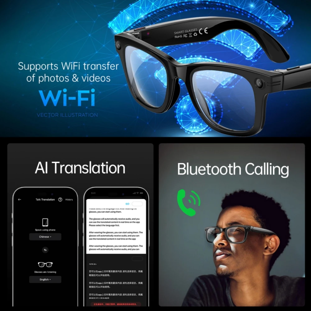 AI Smart Glasses with Camera W610 Microphone Video BT Calling AI Translation Recording 4GB Memory Waterproof Video Glasses Men
