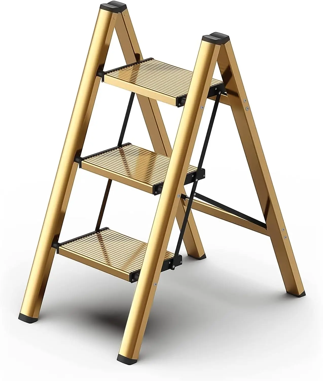 

Foldable 3 Step Stool for Closet/Kitchen - Gold Aluminum Step Ladder, 330lbs Capacity, Anti-Slip Wide Pedal, Portable