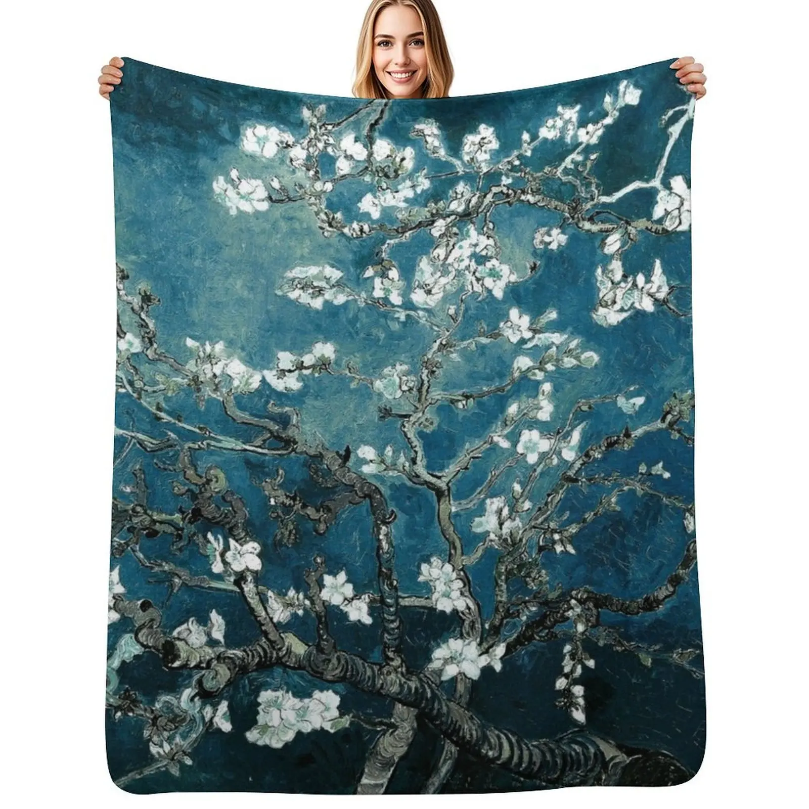

Van Gogh Almond Blossoms Dark Teal Throw Blanket Fuzzy Plush Throw Blanket for Sofa Chair