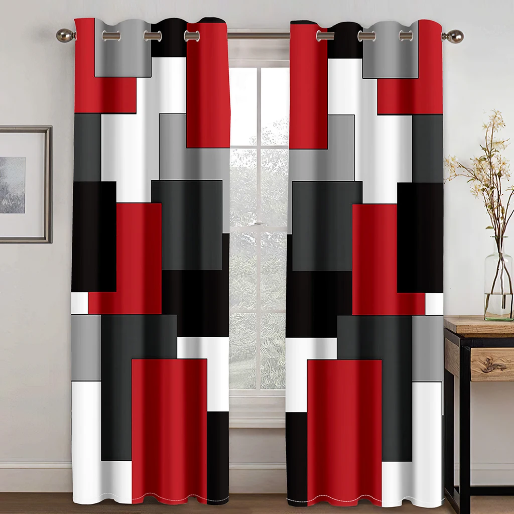 270*240 Cheap Abstract Geometric Black Red Modern Thin Two Windows Curtains for Living Room Bedroom Kitchen Office Decor 2Pieces