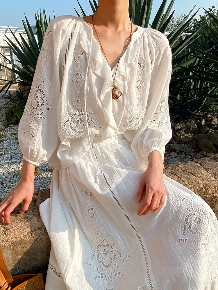 

Women's Three Quarter Shirt Lace-Up Top Vacation Style Embroidered Midi Skirt Spring Summer New Collection