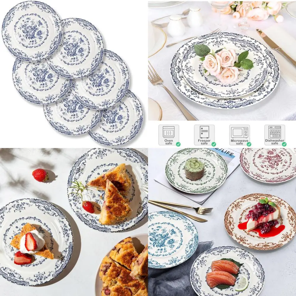 salad plates, ceramic plates set of 6, kitchen plates microwave safe, 8.5 inch white plate dessert blue floral