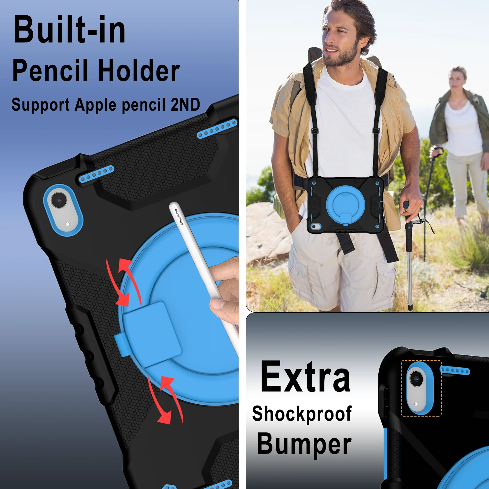 Heavy Duty Hybrid Case for iPad 10.9 2022 10th Generation 360 Rotating Stand Cover With Portable Handle Grip Shoulder Strap Capa