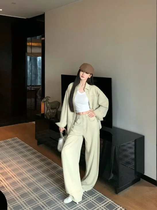 Retro American Style Women's Fashion Set Spring 2026 Sun Protection Denim Shirt High Waist Wide Leg Pants Two-Piece Suit