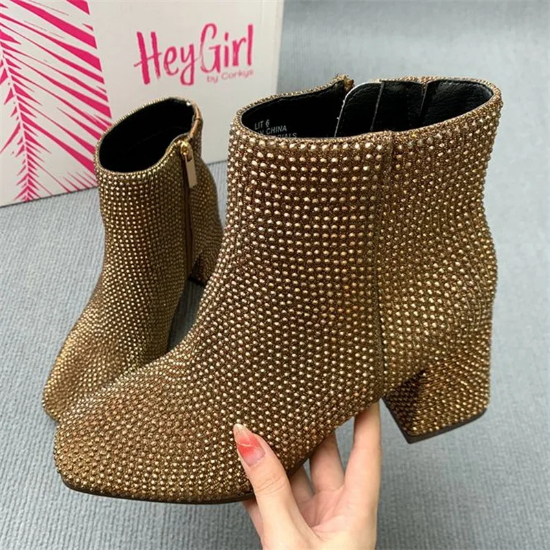 FHANCHU Sequince Cloth Winter Shoes.Anke Boots,Women High Heels Chelsea Booties,Side Zipper,Square Toe Botas,Brown,Dropship