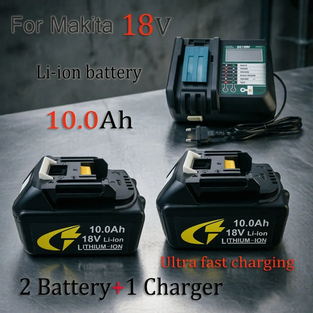 

18V 10Ah Li-ion Battery with Power Display, Perfect Match Makita 2A DC Charger for DDF487 DTD173 DTW700 DGA404 Electric Tools