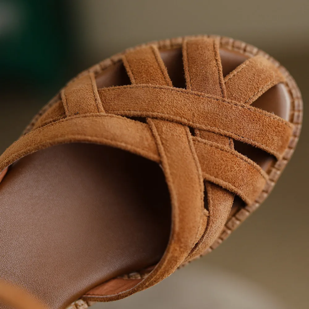 Women\'s natural suede leather round toe narrow band cross strap Braided cage Roman style flats sandals casual female daily shoes
