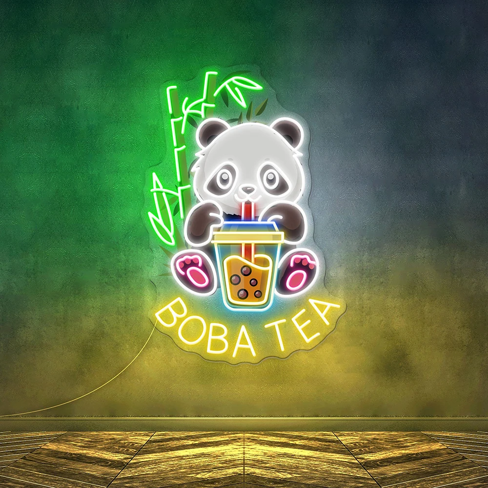 Panda Drinking Bubble Tea Neon Sign Boba Tea Shop Decor Night Light Sign for Coffee Bar Cafe Custom Business Logo LED Neon Light