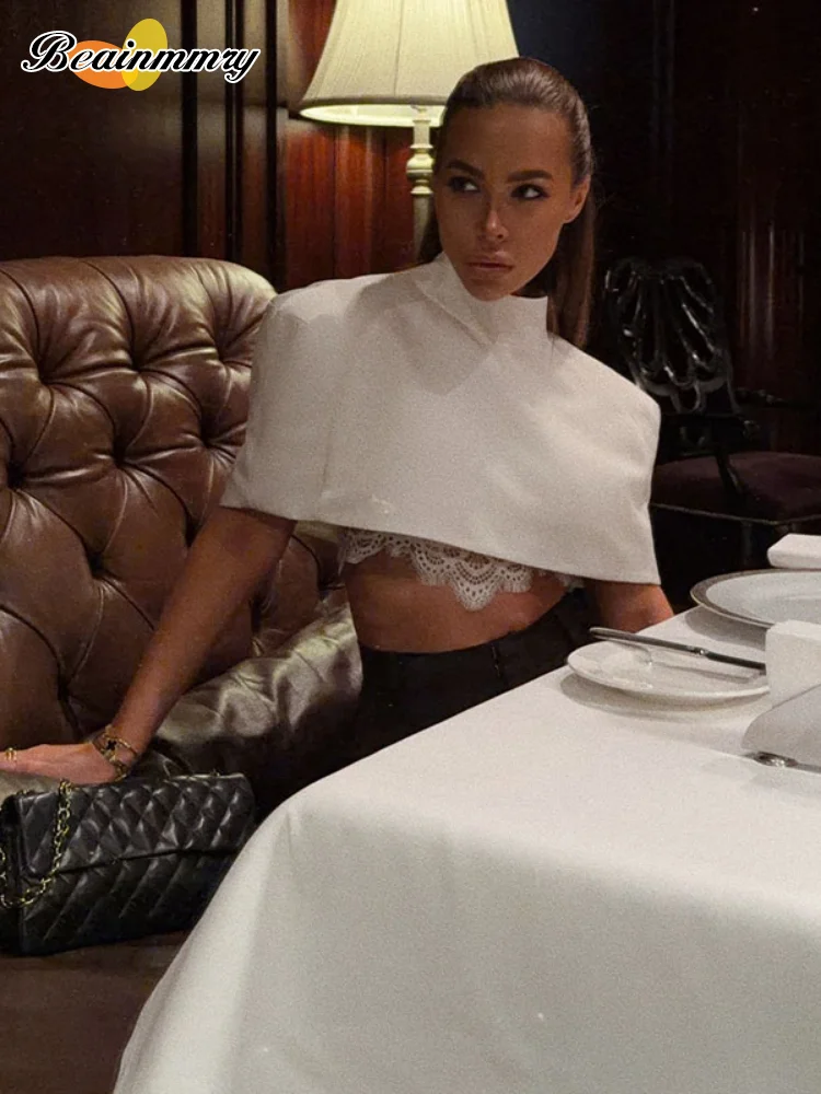 Top Corto a Collo Alto con Design a Mantella per Donna, Stile Classico Avvolgente, Elegante Outfit Streetwear di Lusso Primavera 2026