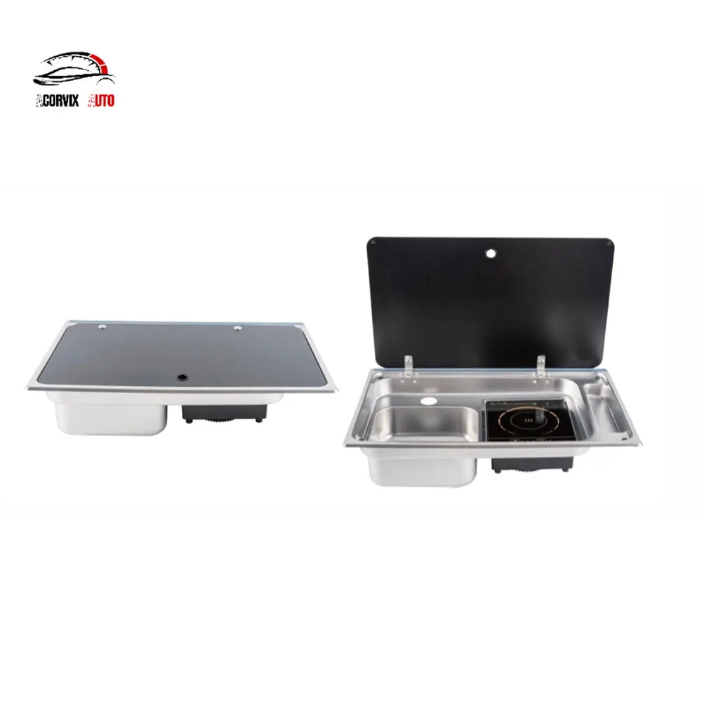 SUS304 RV Sink and Stove Combo Integrated Kitchen Unit 350x550mm Foldable Portable for Caravan Marine Boat Travel Trailer