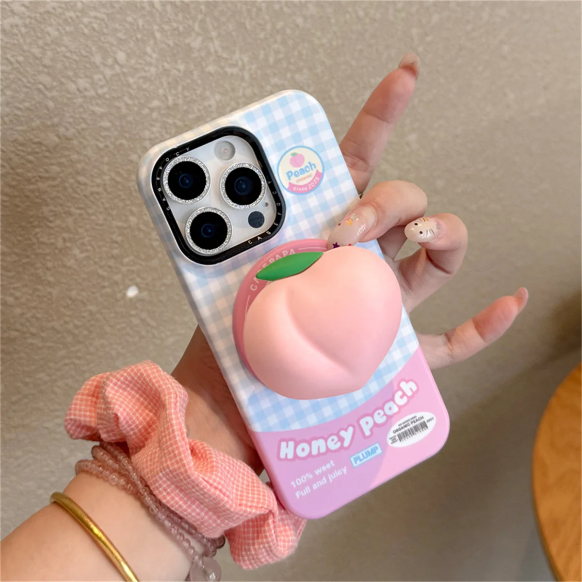 

Fashion Blue Plaid Pattern Peach Magnetic Phone Case For iPhone 17 Pro 15 14 13 Pro Max Back Cover with Stand Cute Cases