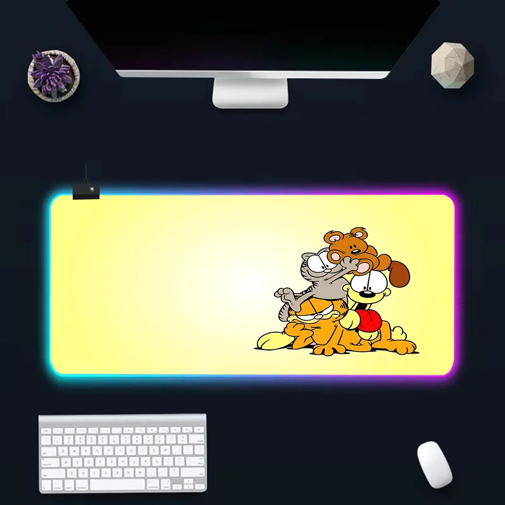 Tapis de souris en caoutchouc pour PC Gamer, dessin animé mignon et drôle, Garfields, RVB, clavier, sous-souris LED, tapis lumineux, ordinateur de jeu