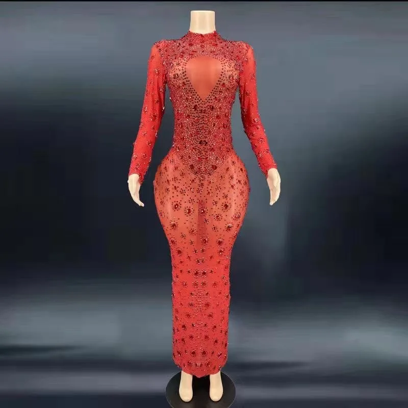 

Red Shining Rhinestones Crystal Sexy Long Split Dress For Women Evening Wedding Clothing Birthday Prom Wear Stage Singer Outfit