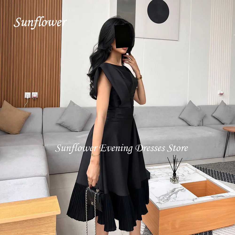 Sunflower Black O-Neck Satin A-LINE Prom Gowns 2024 High Quality Slim Pleat Short Sleeve Tea-Length Formal Evening Dress