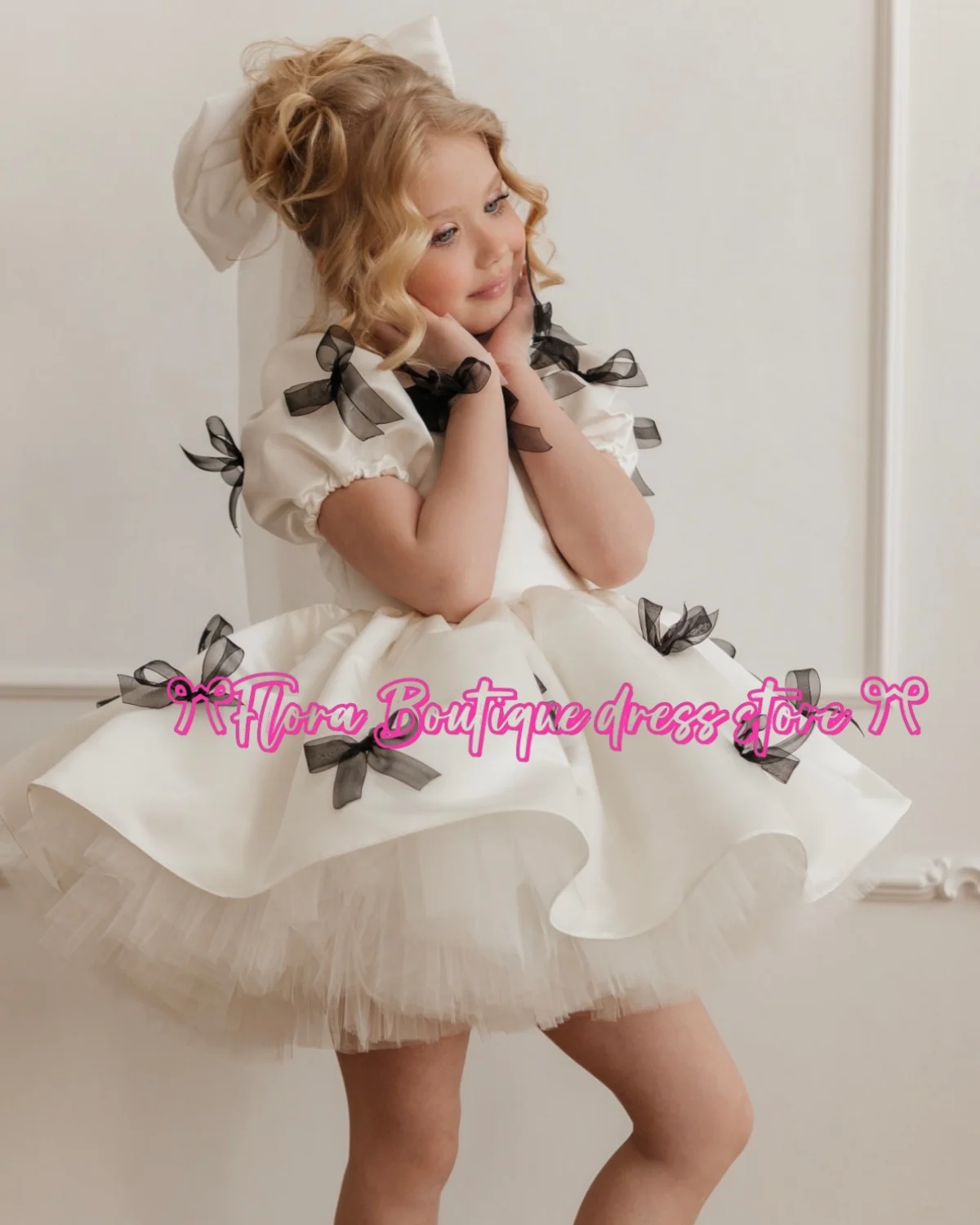 Flower Girl Dress Satin Tulle Puffy Bow Short Sleeve For Wedding Birthday Prom Pageant Holy Communion Gown Parties Customized