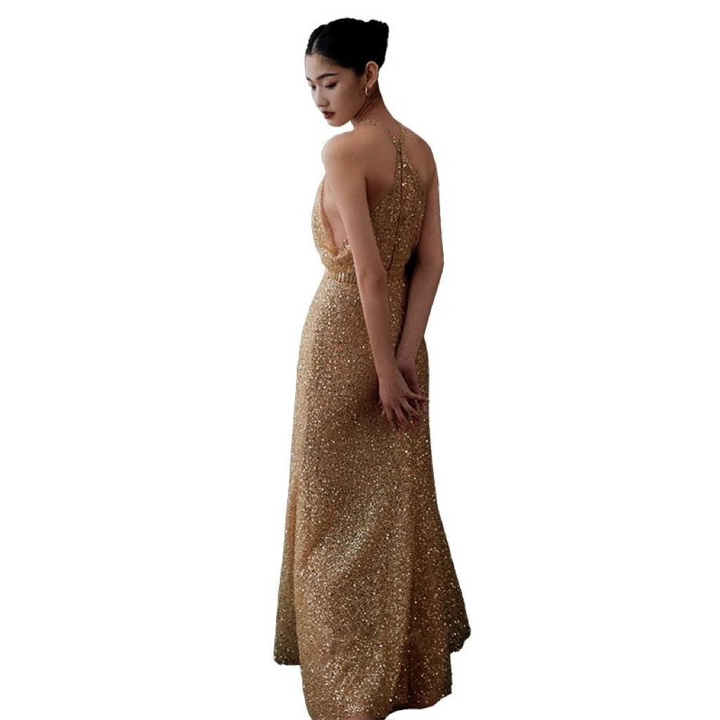 Champagne Golden Cocktail Dresses Beading Sequins O-neck Mermaid Night Party Ball Shiny Floor Length Pretty Evening Gowns