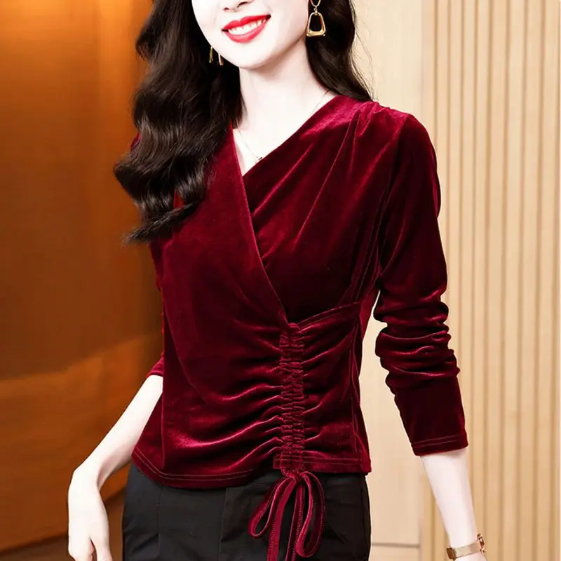 French Style Women V Neck Black Wine Red Purple Blue Plated Sash Velvet Top Shirt , Slim Velour Shirts Tops for Woman