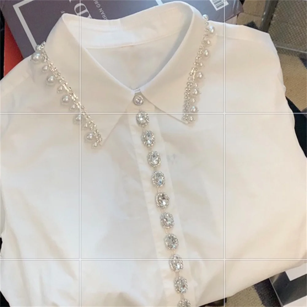 

Beads Polo Collar Long-Sleeve Shirt Women French Style High Sense Elegant White Blusas Top