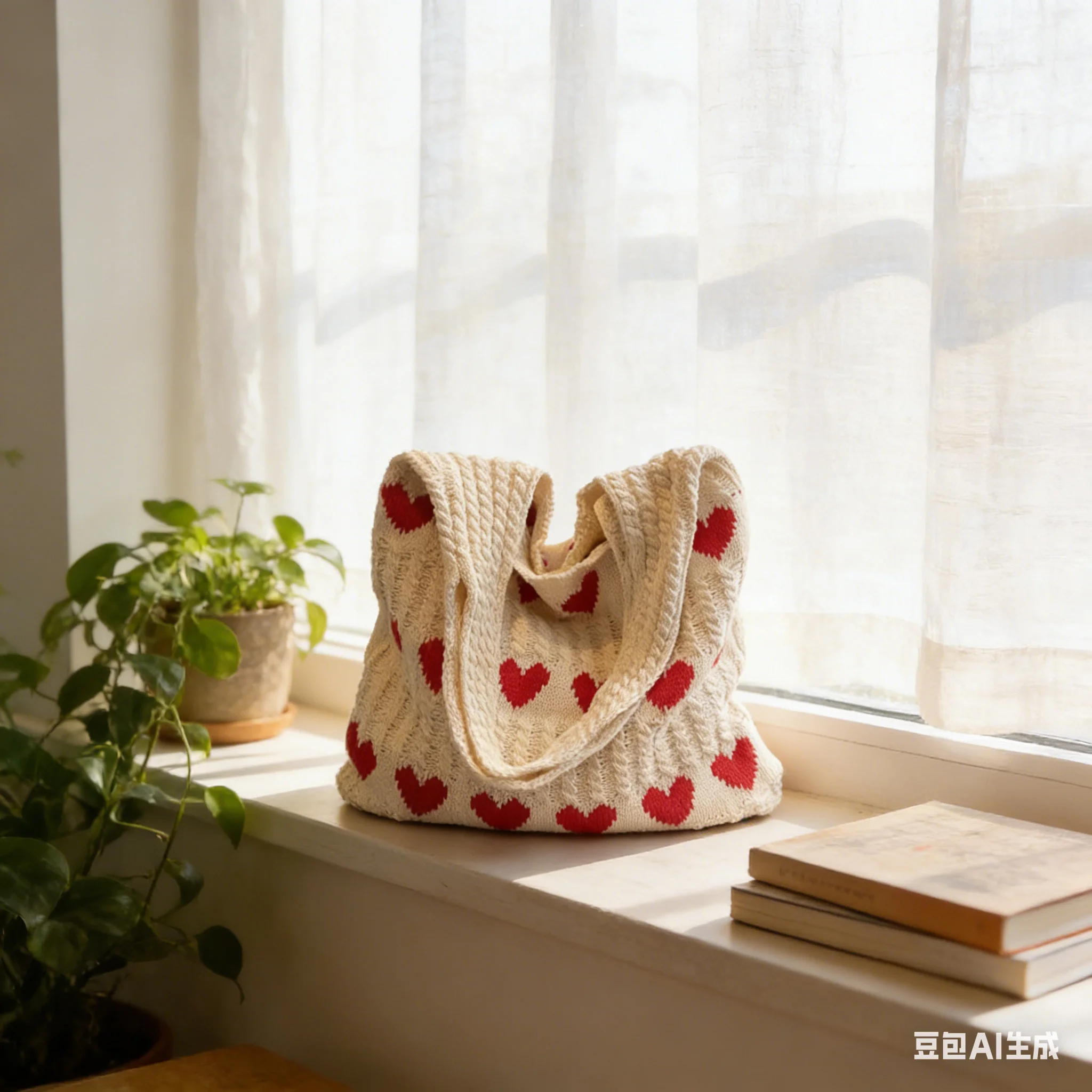 1PC Handmade Knitted Shoulder Bag - Summer Woolen Underarm Purse for Women, Boho Chic Love Design Storage Bag