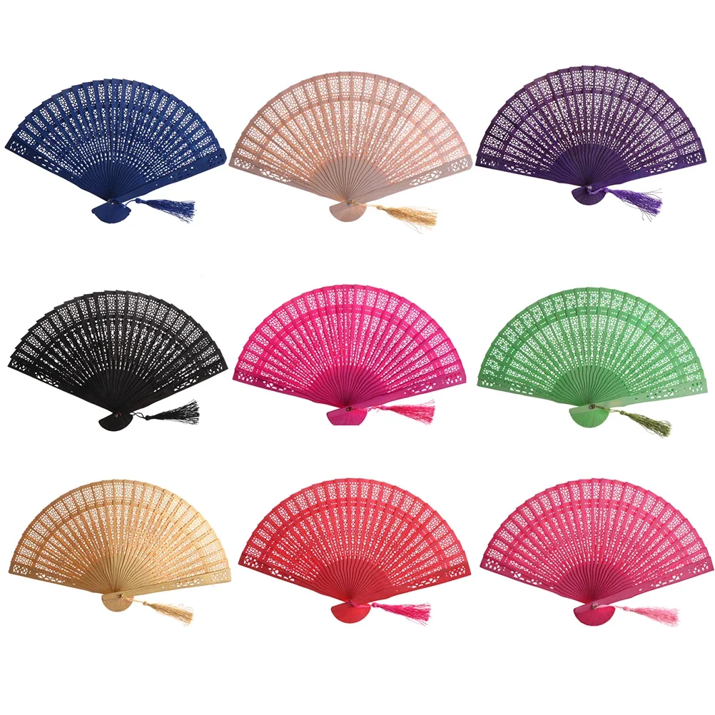 Chinese Vintage Foldable Wood Hollow Carved Hand Fan Gifts Home Decor Pocket Fan Wedding Bridal Party Favors Multi Color