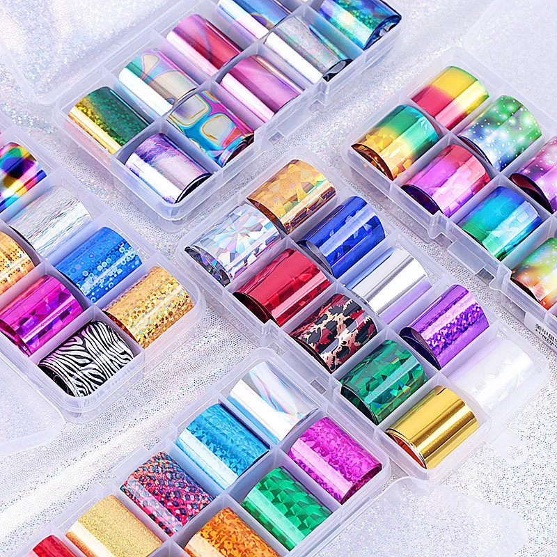 10 Rolls/ Box Charm Nail Foils Polish Stickers Metal Color Starry Paper Transfer Foil Wraps Adhesive Decals Nail Art Decorations