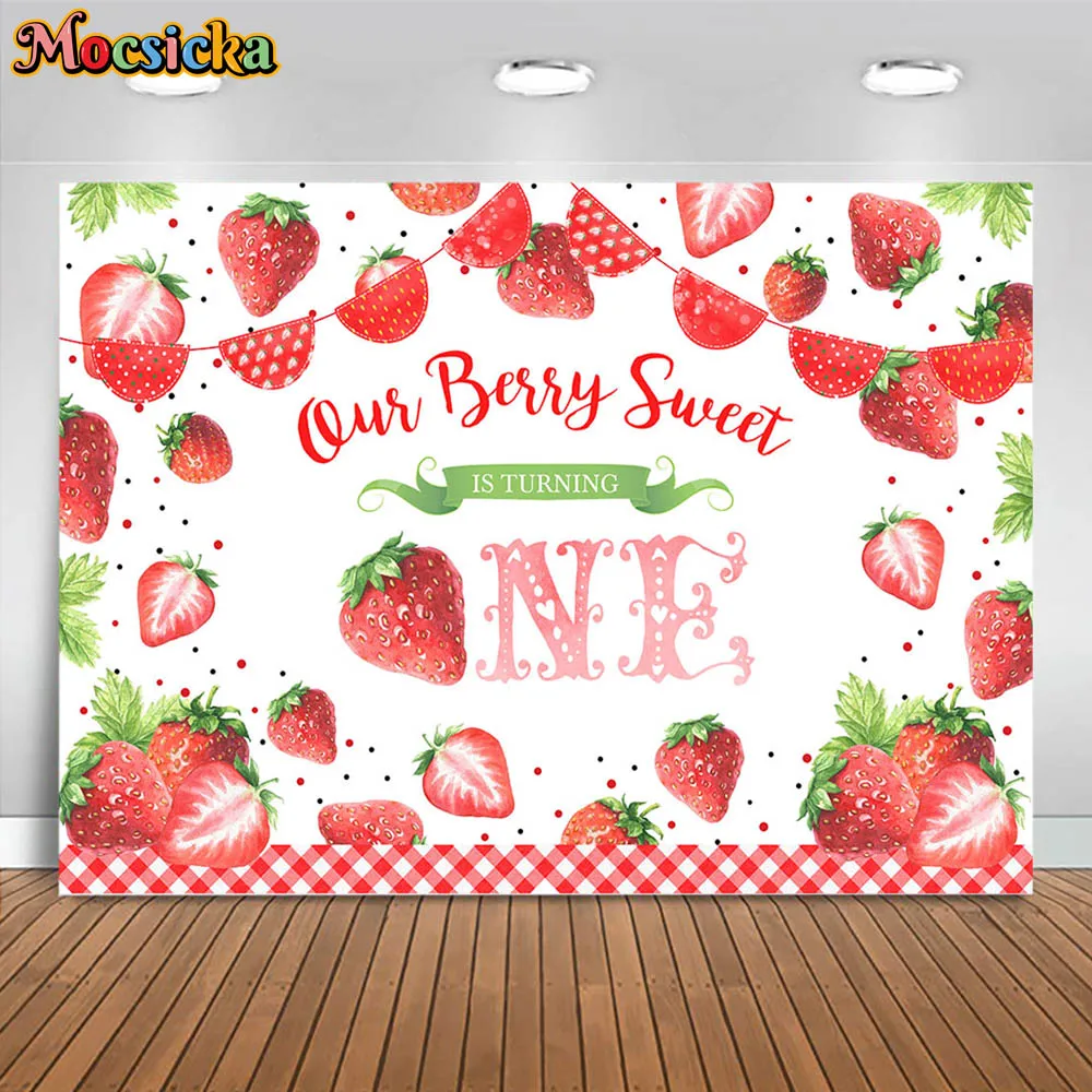 

Mocsicka Strawberry Theme Kids Birthday Backdrop Girl 1st Birthday Party Decor Our Berry Sweet is Turning One Background Banner