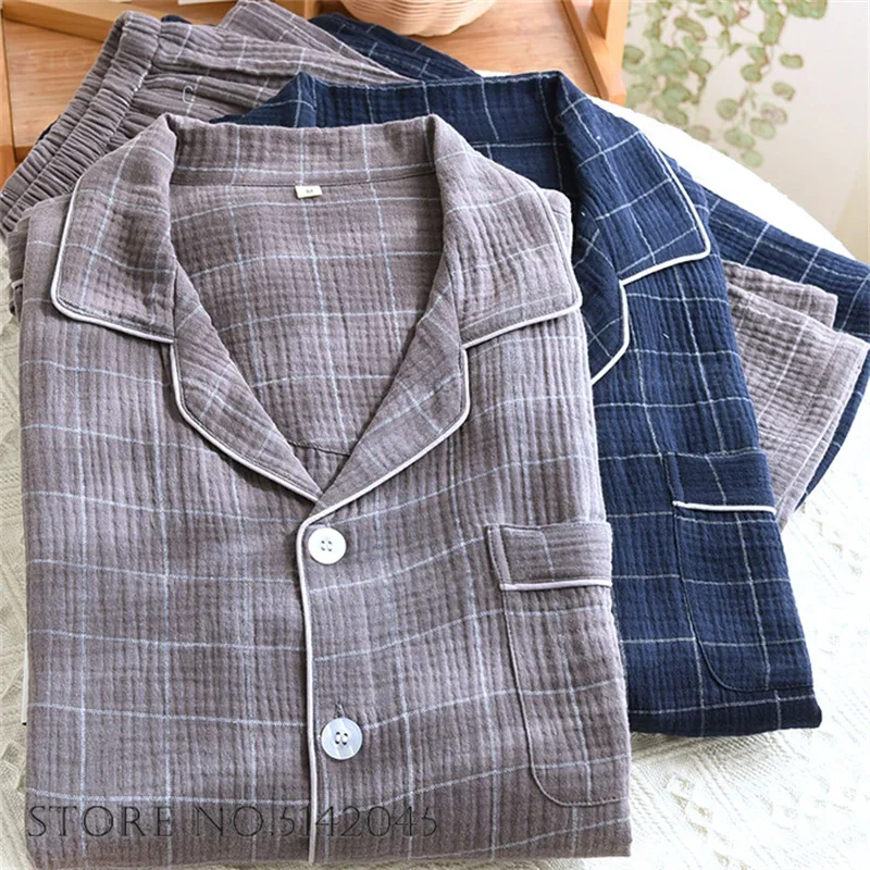 Men's 2Pcs Pajamas Set Loungewear Spring Autumn Cotton Sleepwear Long Sleeve Trouser Pijamas Suit Loose Plaid Homewear Pyjama