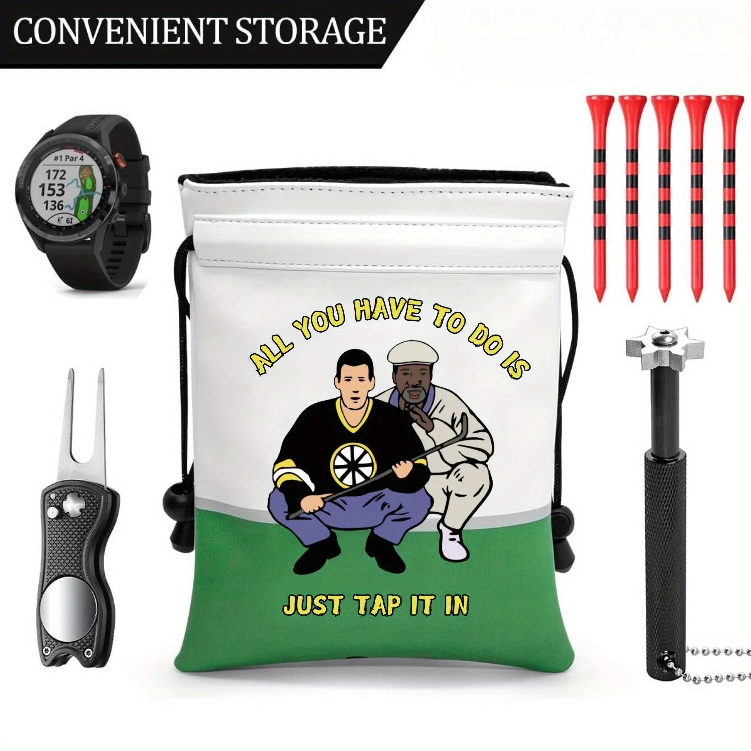 Funny Happy Gilmore Golf Valuables Bag with Drawstrings Synthetic PU Leather Pouch for Men Women White Gifts for Golf Pouch