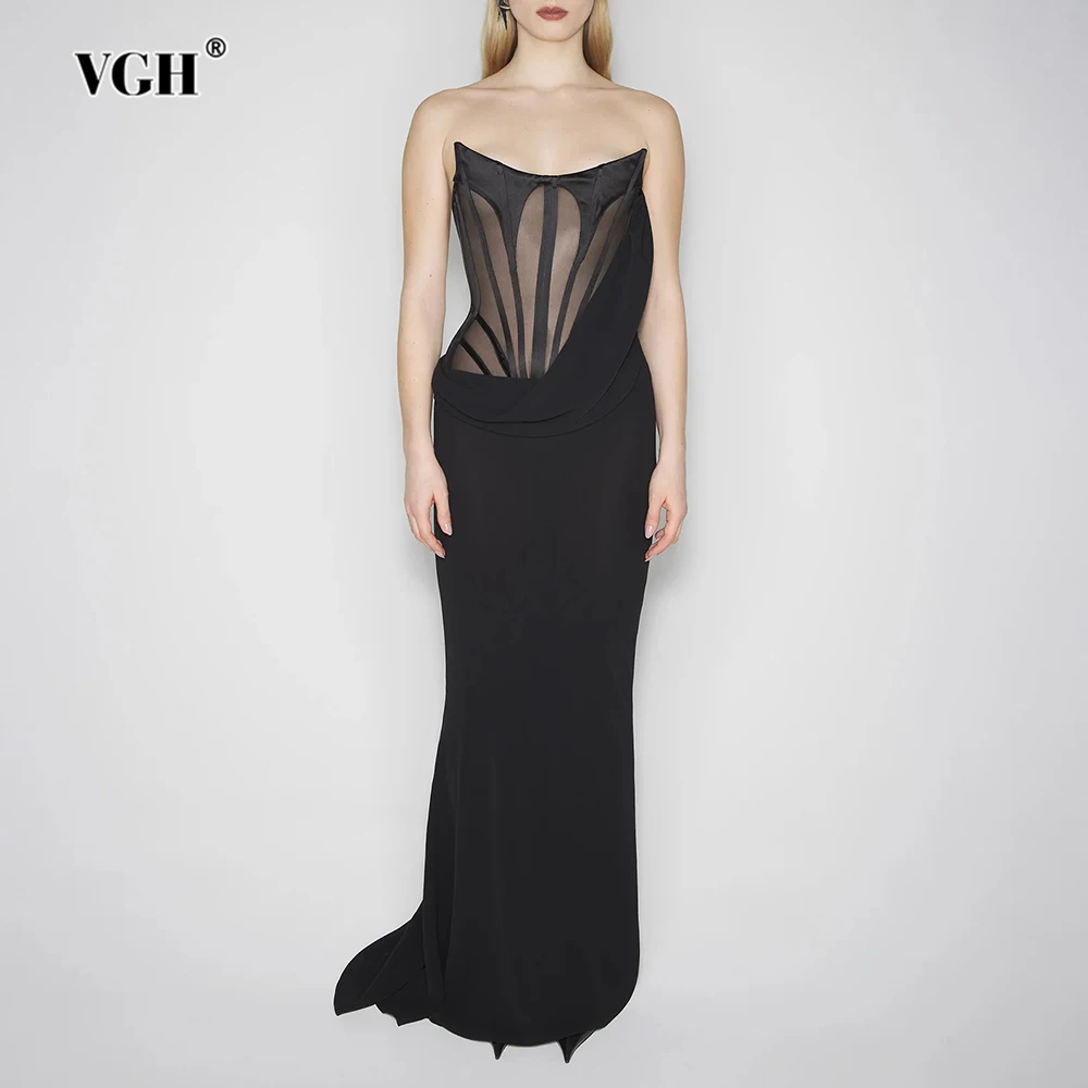 VGH Sexy Spliced Sheer Corset Black Dresses for Women Strapless Sleeveless High Waist Chic Evening Bodycon Maxi Dress Female New