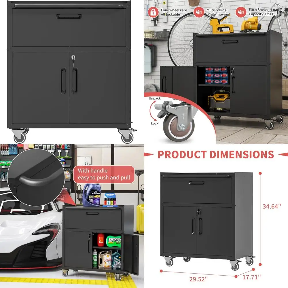 Сверхмощный металлический шкаф для инструментов на колесиках, черный, идеально подходит для решений для хранения в гараже
