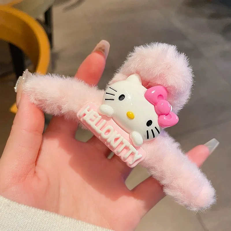 MINISO Kawaii Sanrio Clasp Hairpin Plush Kuromi Cinnamoroll Hellokitty Anime Figure Ponytail Curled Hair Accesories