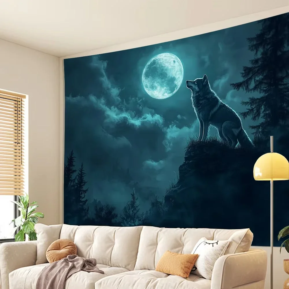 Modern Art Wolf Moon Tapestry Living Room Bedroom Ins Style Entryway Background Wall Scandinavian Style Decoration