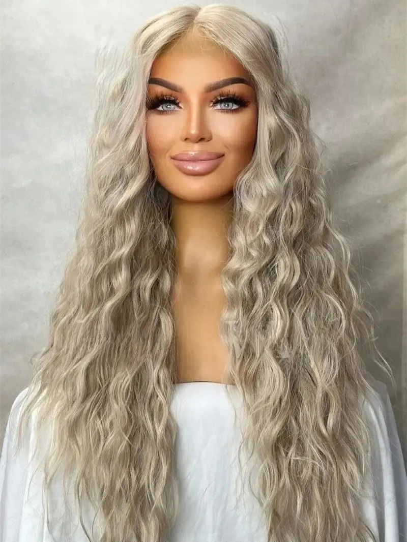 Ombre Ash Grey Blonde Curly Heat Safe Lace Front Synthetic Wig Free Part Glueless Natural Looking Middle Part Hairline For Women