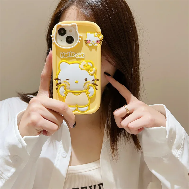 Miniso Sanrio Silicone Phone Cases Hello Kittys Accessories Cute Anime Apply Iphone1413Promax1215 Anti-Fall Toys for Girls Gift