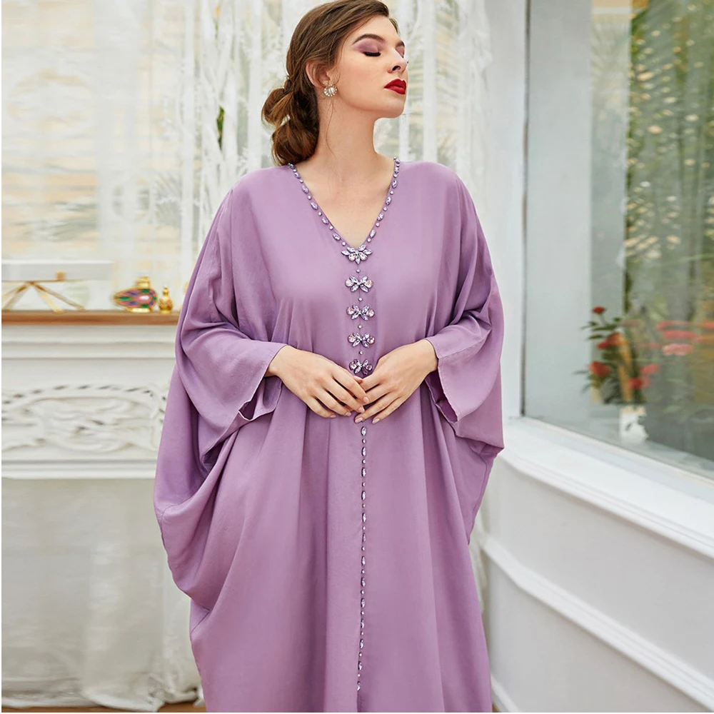 Latest Muslim Dress Lilac 2024 Prom Dresses Saudi Arabic V Neck Evening Gowns Front Slit Beaded Wedding Party Dress Long Sleeve