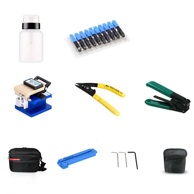 Fiber Optic Tools Kits 9 in 1 FTTH Fiber Optic Tool Bag +Fiber Stripper+ fc-6s Fiber Cleaver+ Miller+10PCS SC UPC Fast Connector