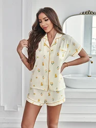 Floral Print Textured Pajama Set Elegant Short Sleeve Buttons Lapel Top & Elastic Shorts Women's Sleepwear