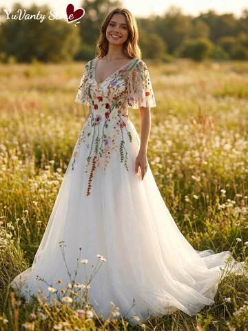 Customized Floral Embroidery Wedding Dress V Neck Flutter Short Sleeve Tulle A Line Bridal Gown With Train For Beach Garden